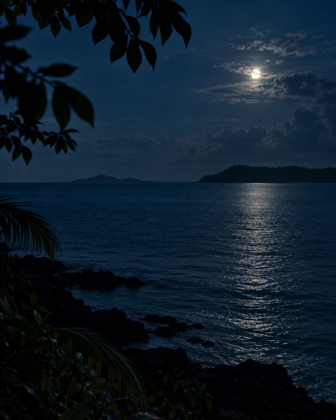 月明かりが静かな海を照らす夜の島のデモ写真